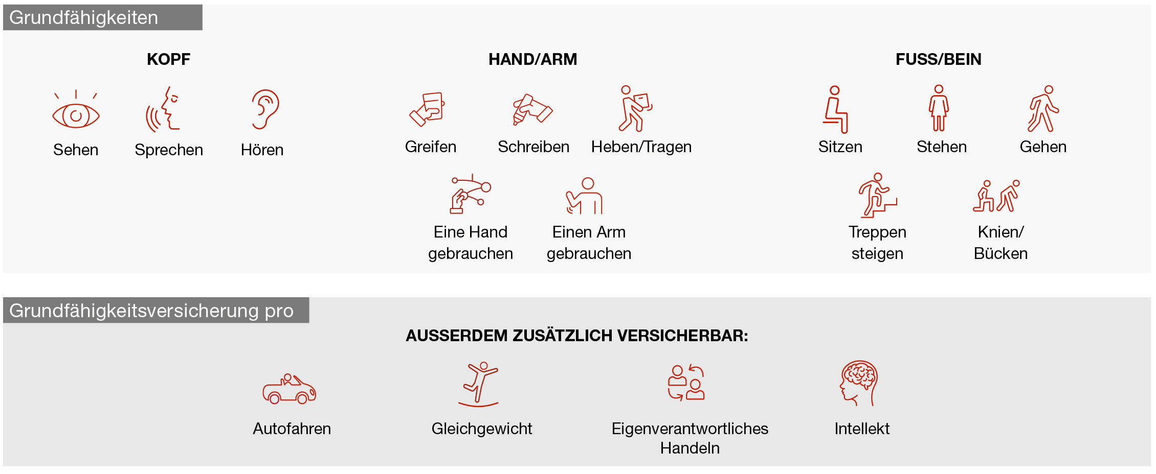 Sehen, Sprechen, Hören, Greifen, Schreiben, Heben, Hand gebr.,Arm gebr.,Sitzen, Stehen,Gehen,Treppen,Bücken