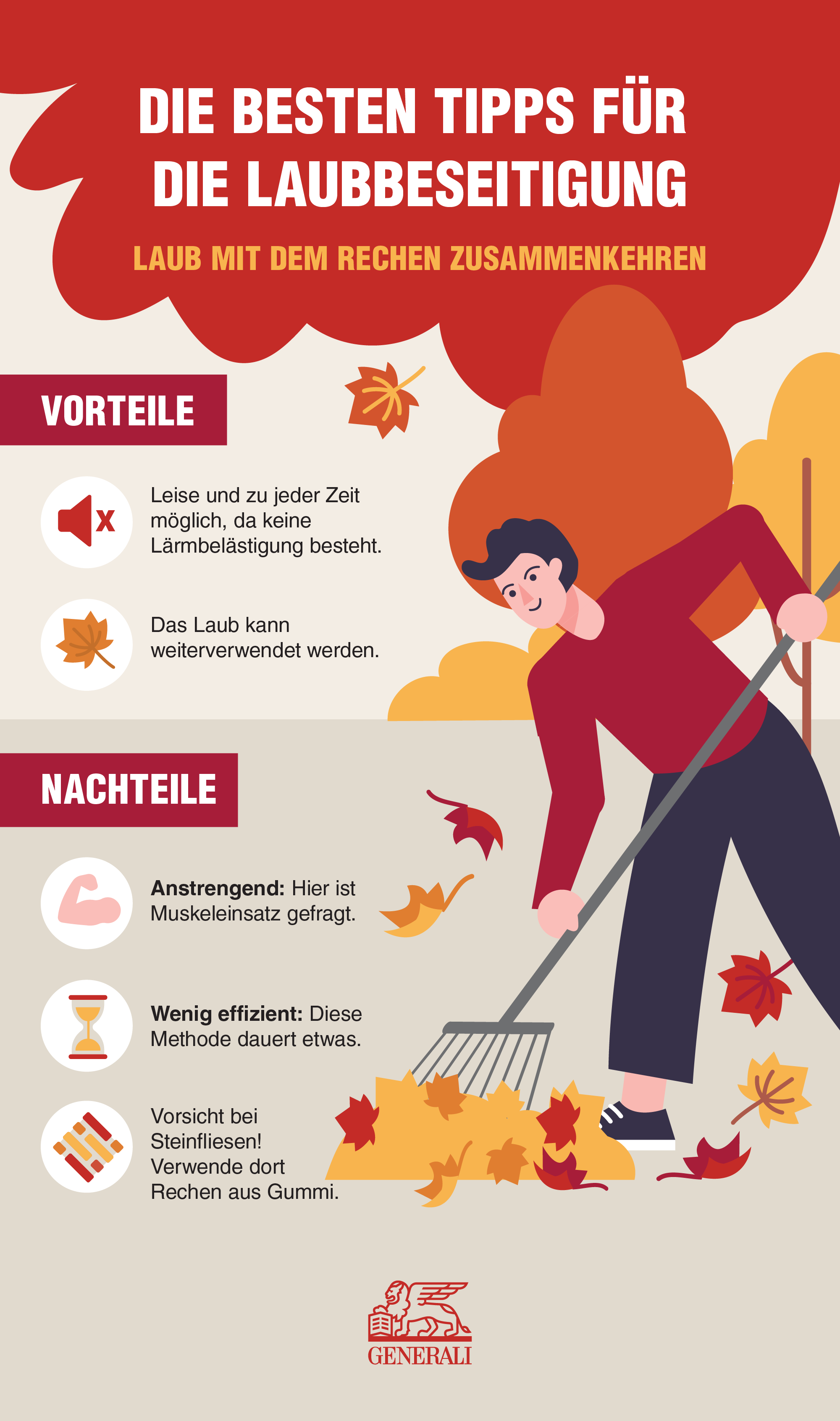 Infografik mit Vorteilen und Nachteilen der Laubbeseitigung mit einem Rechen