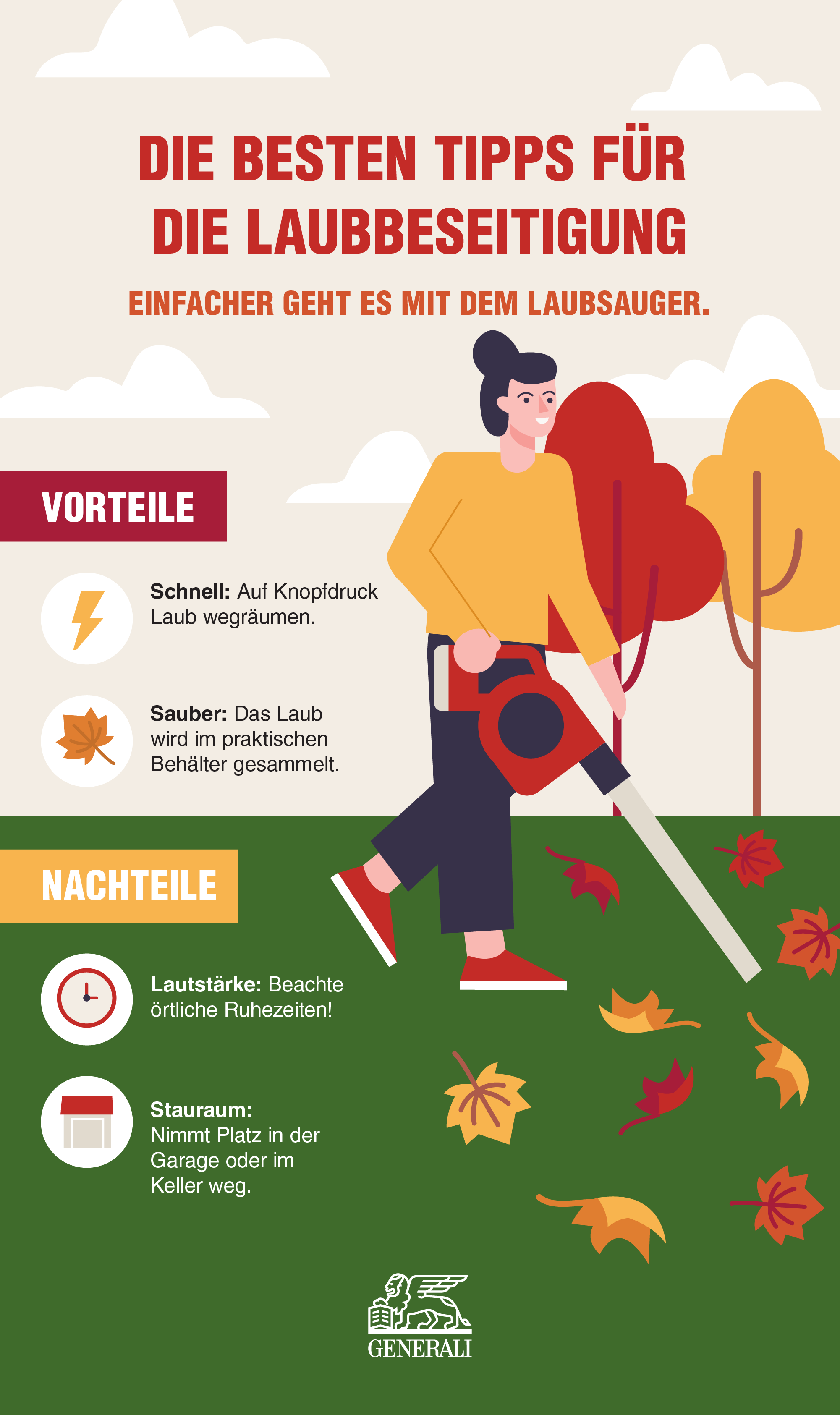 Infografik mit Vorteilen und Nachteilen der Laubbeseitigung mit einem Laubsauger