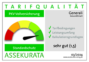 Krankenvollversicherung, Mein Privatschutz, GesundSmart, Assekurata Siegel 01.2022 mit der Auszeichnung „sehr gut“ (1,5)