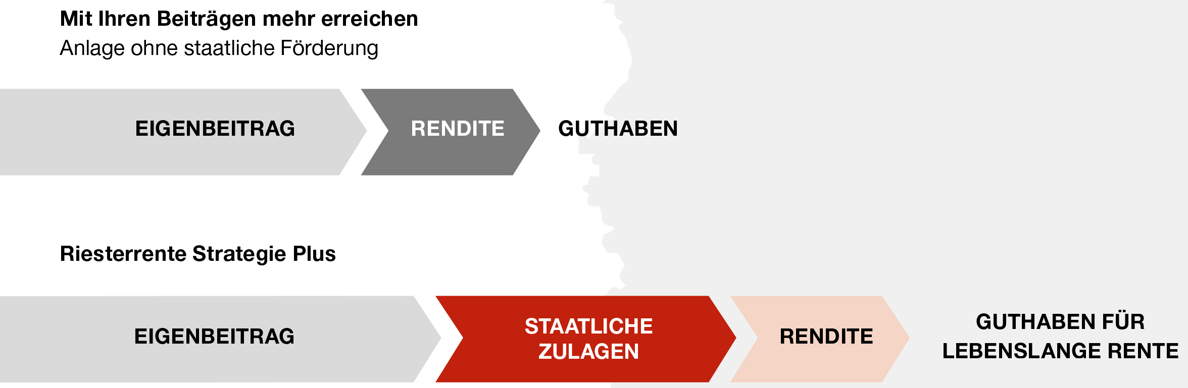 Ohne staatl. Förder.:Eigenbeit.,Rendite,Guthaben/Riesterrente Strategie Plus: Eigenbeitr,Staatl.Zul.,Rendite,Guth.f.lebensl.Rent
