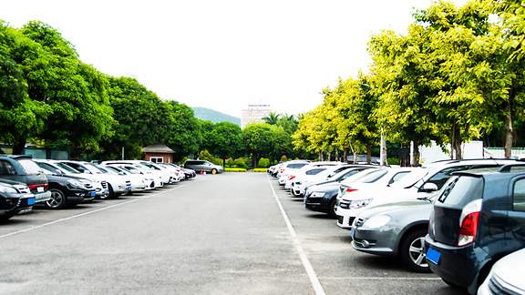 Parkende Autos auf einem von Bäumen umstandenen Parkplatz